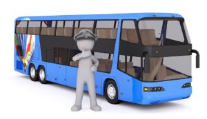 Målning av blå leksaksbuss och gråfärgad chaufför. Illustration: Peggy och Marco Lachmann-Anke från Pixabay