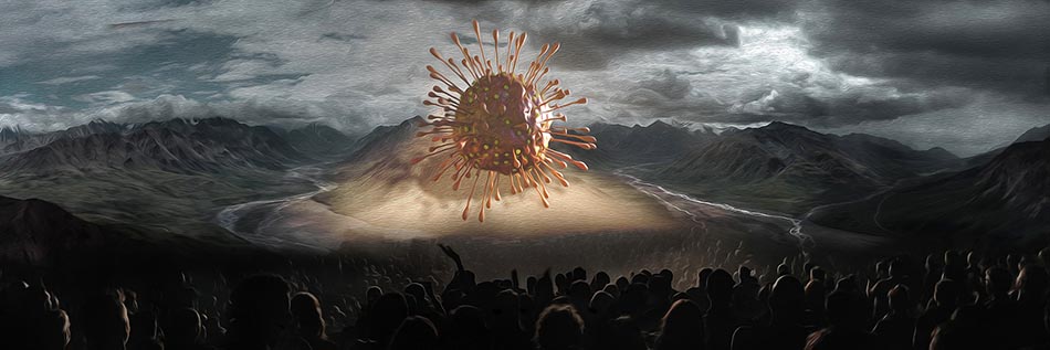 Ett mörkt och dystert landskap med ett coronavirus i jätteformat hängande över. Folk som skuggor i förgrunden. Foto: Ria Sopala från Pixabay