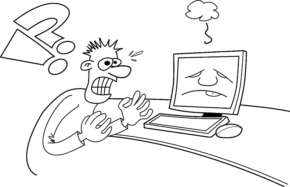 Tecknad arg man framför en datorskärm. Ansiktet på skärmen ser undrande ut. Svartvitt. Foto: Pixabay