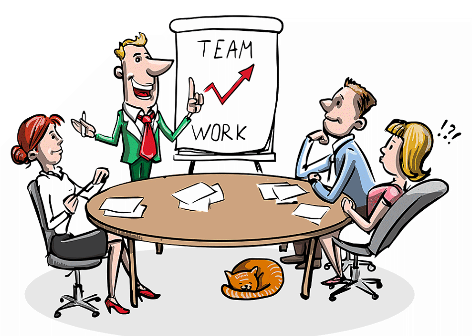 Team-work står skrivet på ett stort block. Kille föreläser. Tre deltagare kring ett runt bord med papper. Liten brun katt ligger under bordet. Foto: Pixabay