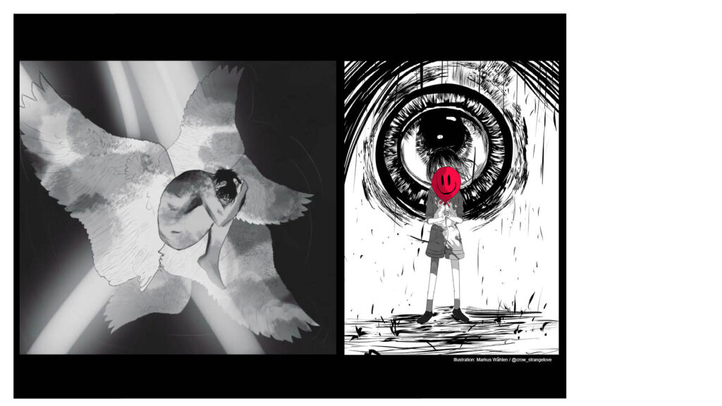 två illustrationer av Markus Wåhlen, en hopkrupen människa och en människa med smileyskylt framför ansiktet.