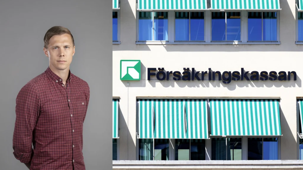Porträttbild av Martin Jonasson med kort hår och rödrutig-skjorta vid Försäkringskassans fasad.