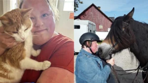 Collage: Marina inomhus med sin katt och utomhus med sin häst Bella.