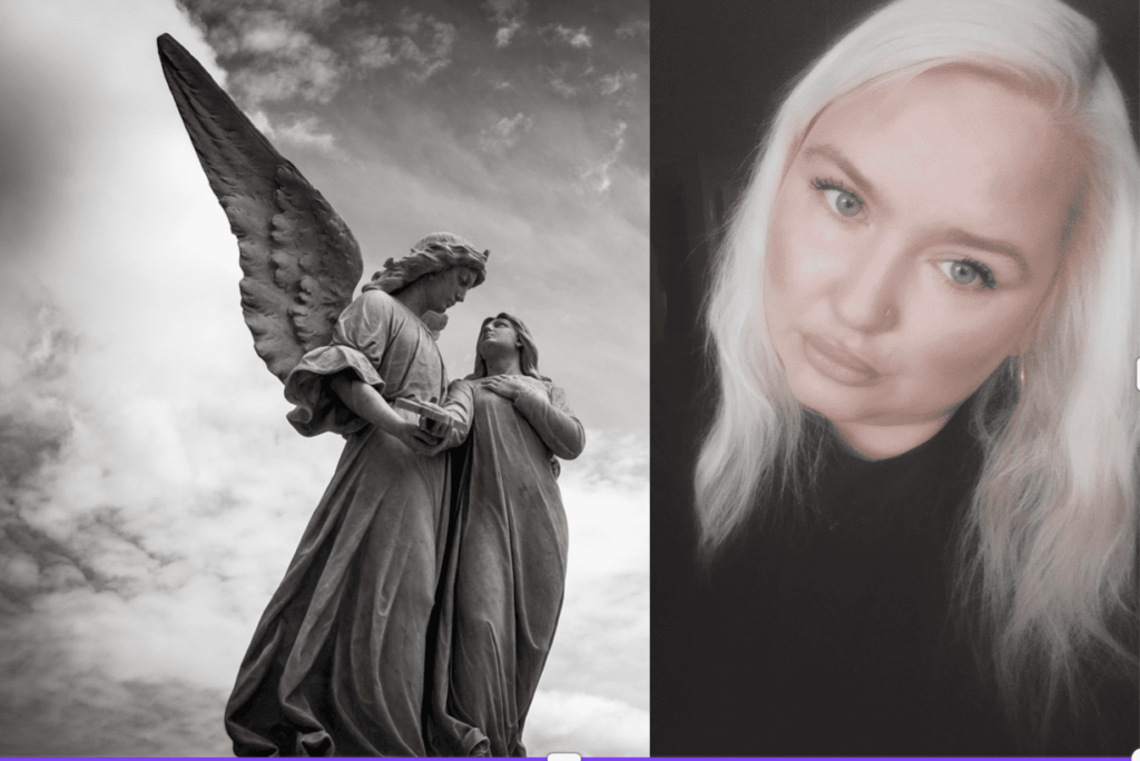 Bild på änglastaty och porträtt på Susanna Nyström
