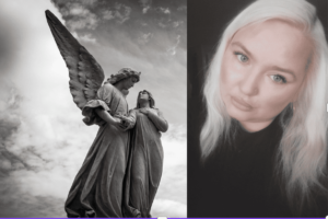 Bild på änglastaty och porträtt på Susanna Nyström