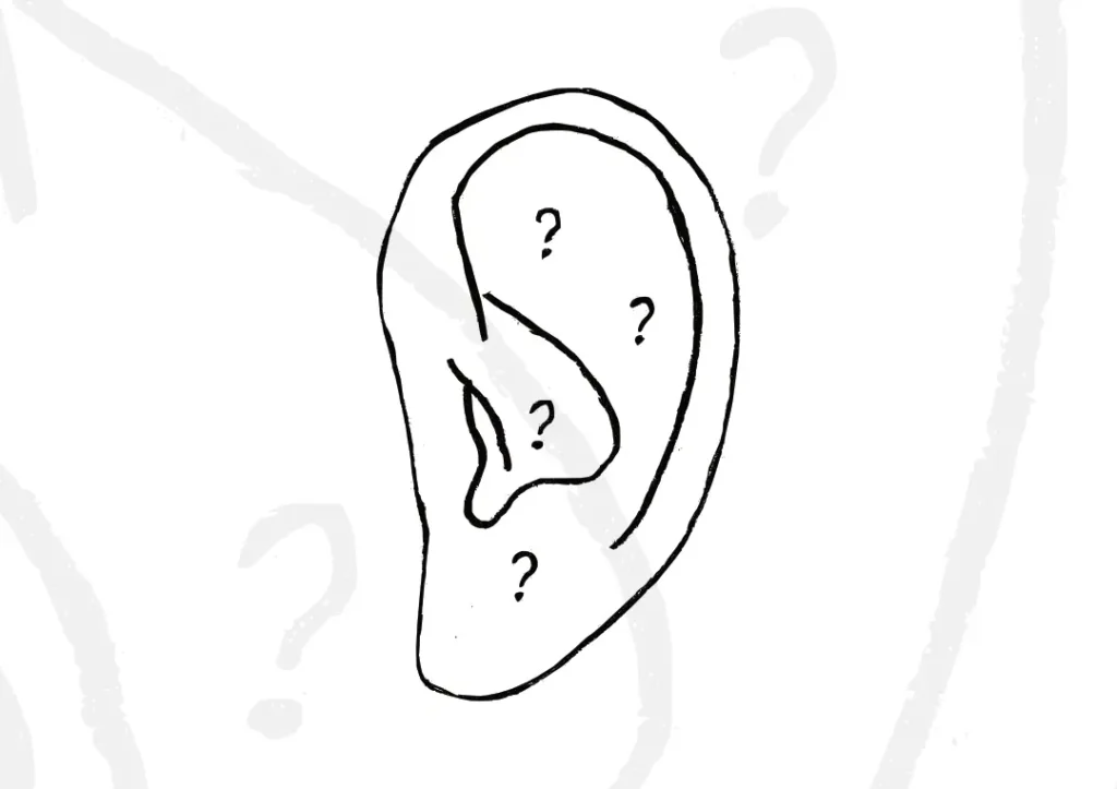 Tecknat öra med frågetecken