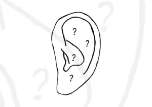 Tecknat öra med frågetecken