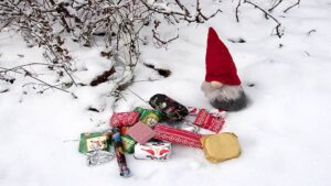 Bild på en figurtomte som står i snön och tittar på julklappa: Foto Monica Atterberg