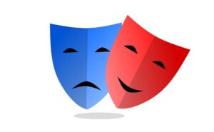 Två teatermasker. En är röd och glad. Den andra är blå och ledsen.