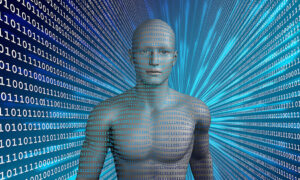 Man som liknar en robot. Bakom honom vita ettor och nollor mot blå bakgrund. Foto: Gerd Altmann, Pixabay