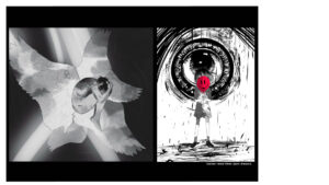 två illustrationer av Markus Wåhlen, en hopkrupen människa och en människa med smileyskylt framför ansiktet.