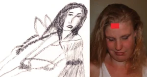 Stilistik teckning av person med avklippta vingar. Collage med Linda.
