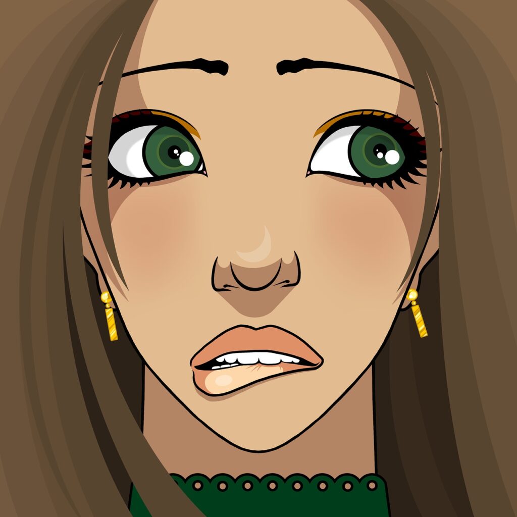 Kvinnoansikte. Brunt hår. Oroligt utseende med underläppen hängande och flackande blick