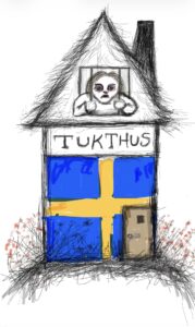 illustration av ett hus med svensk flagga och person som sitter inlåst.
